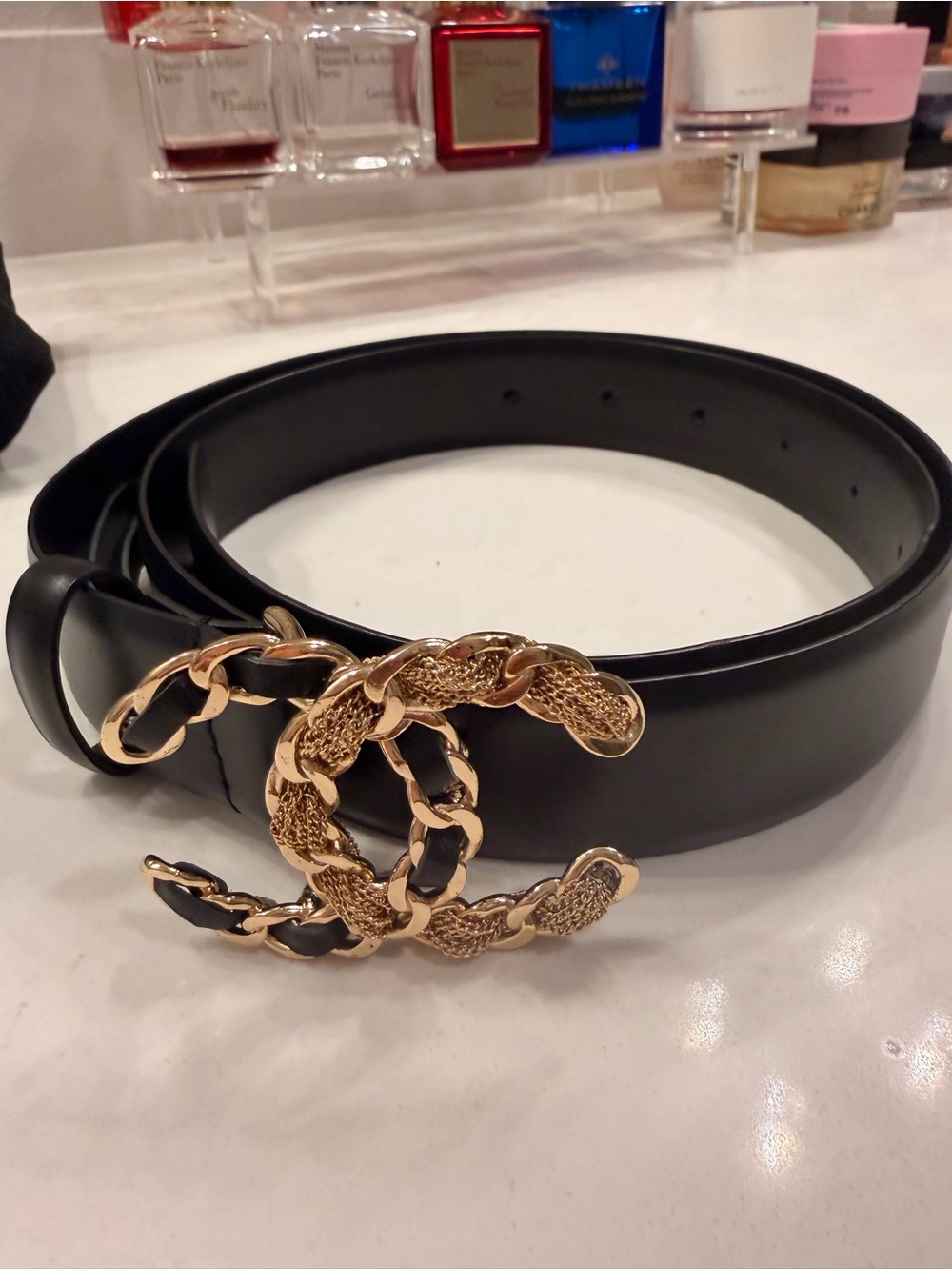 CHANEL Black Leather Belt with Gold Chain CC Buckle - Picture 2 of 7